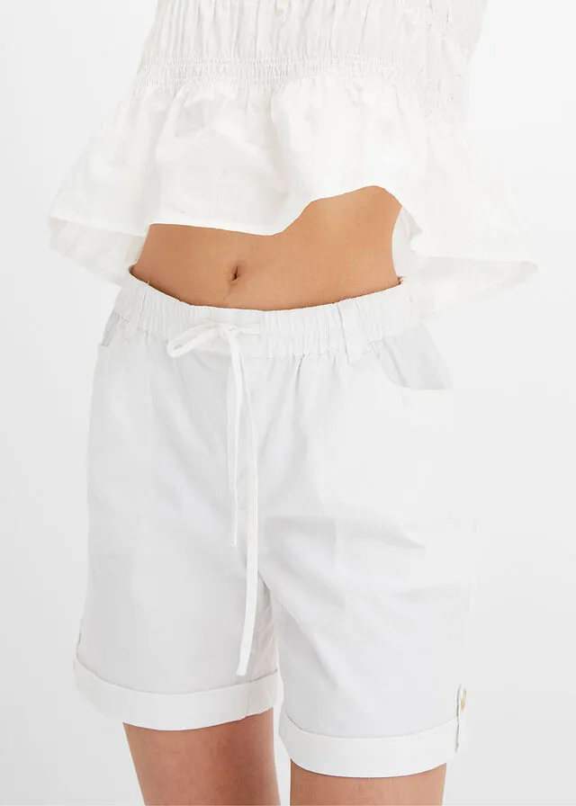 Cotton Bermuda Shorts with Elastic Waistband White