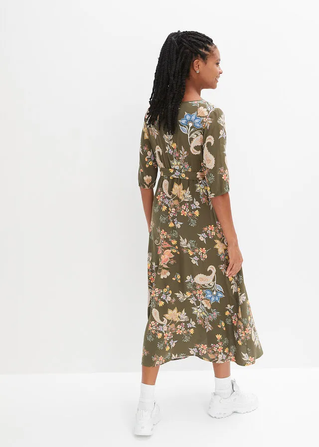 Dark Olive Green Floral Midi Dress