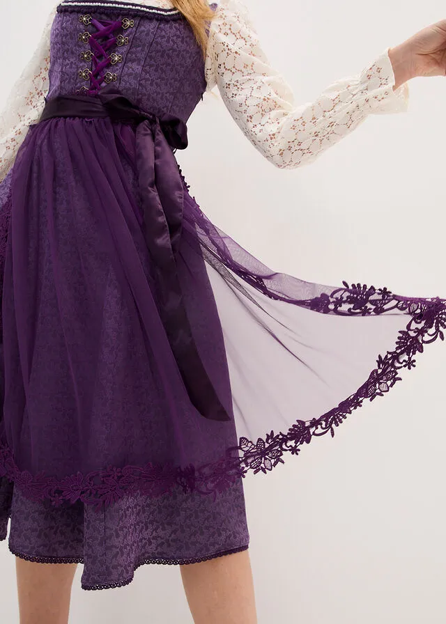 Dark purple Tyrolean costume with pearls (2 pieces) - Dark purple with floral pattern
