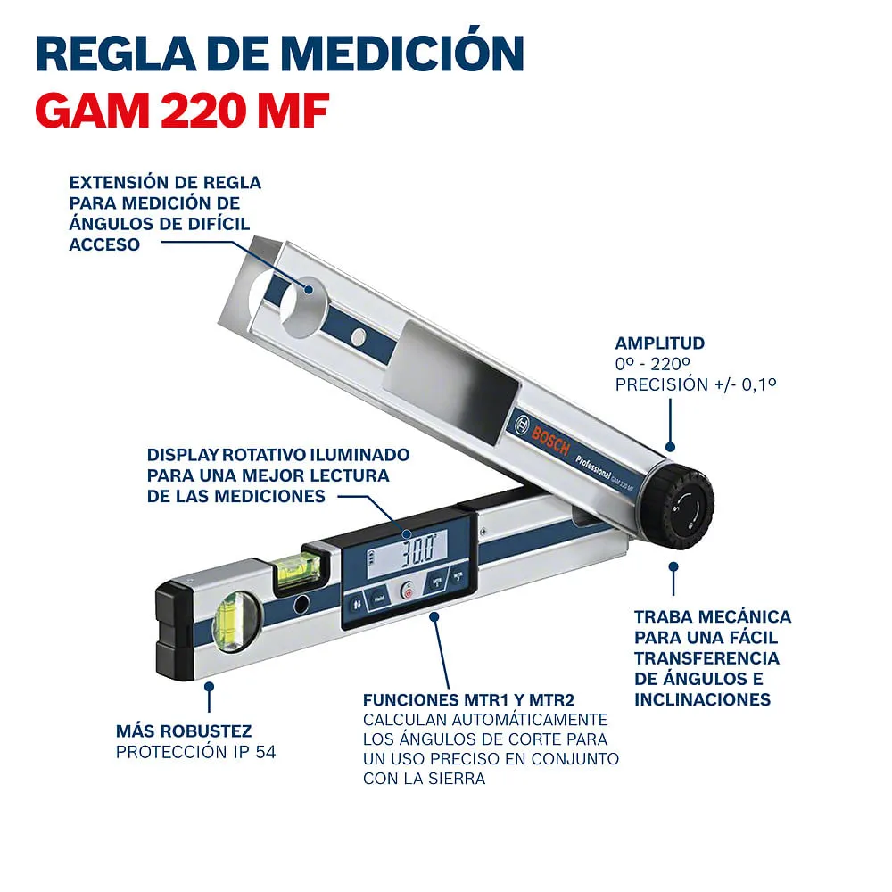 Medidor de Ángulos hasta 220º Bosch GAM 220 MF