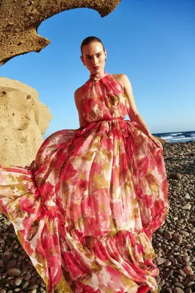 Red Floral Print Chiffon Maxi Dress Vento