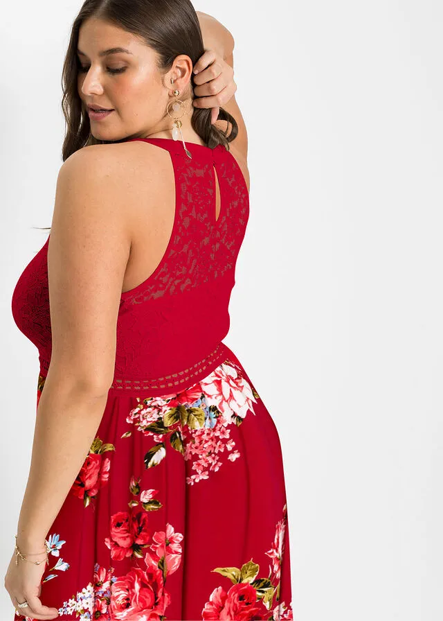 Red-Pink Floral Lace Dress.