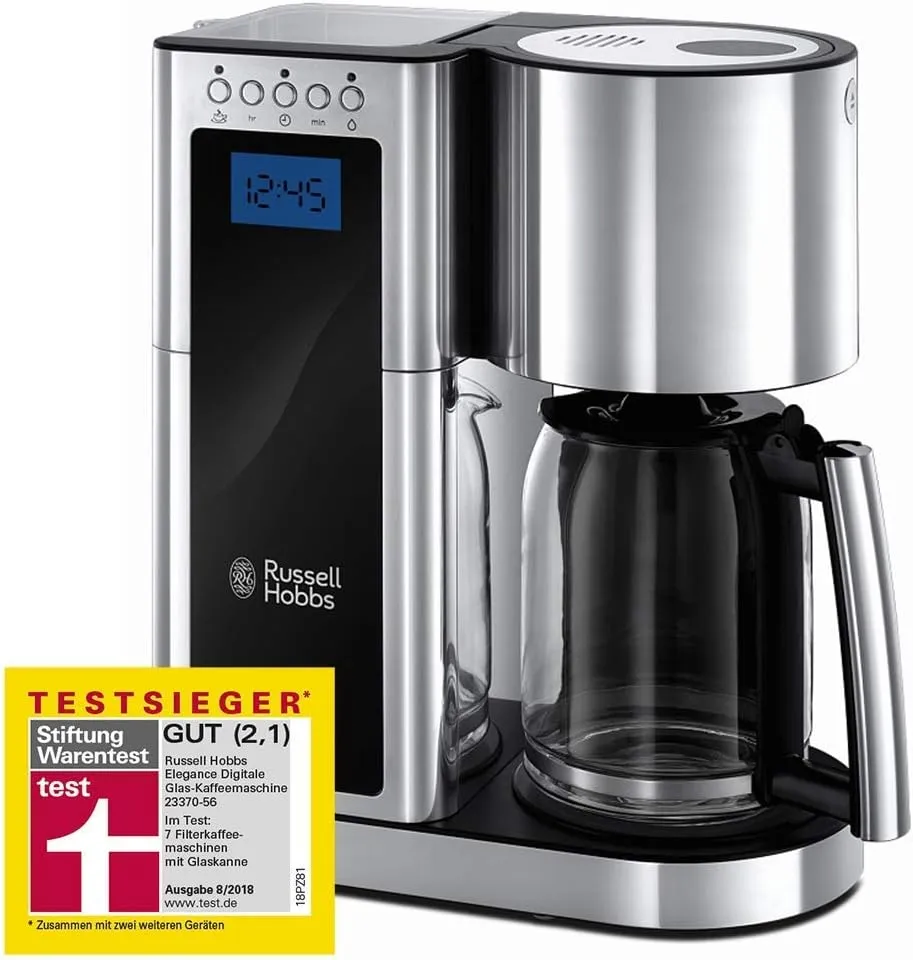 Russell Hobbs Cafetera de Goteo Elegance - Diseño de Cristal, Capacidad de 1,25L, Soporte de Filtro Extraíble, Tecnología Rociad
